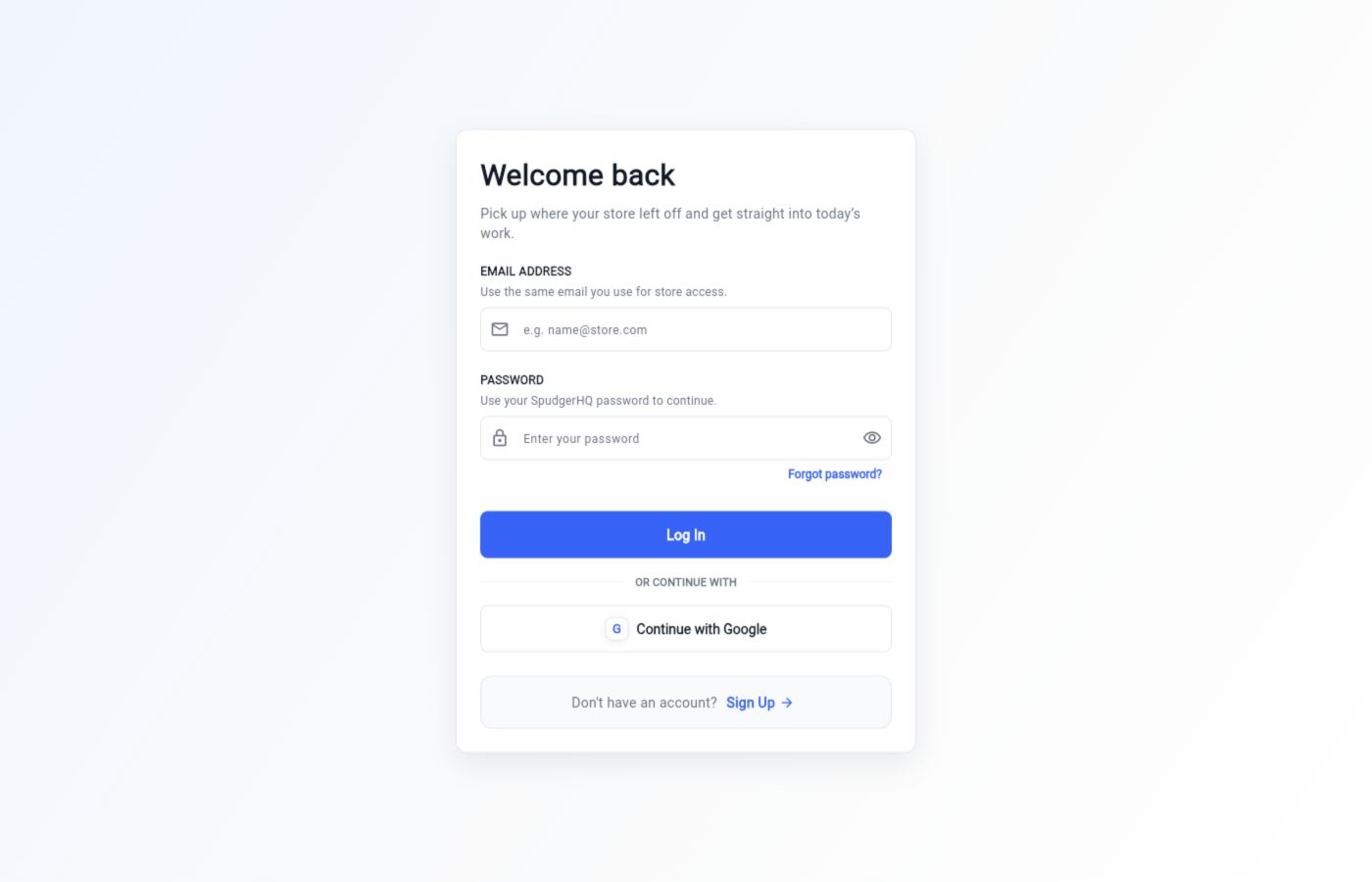 SpudgerHQ sign-in screen with email and password fields