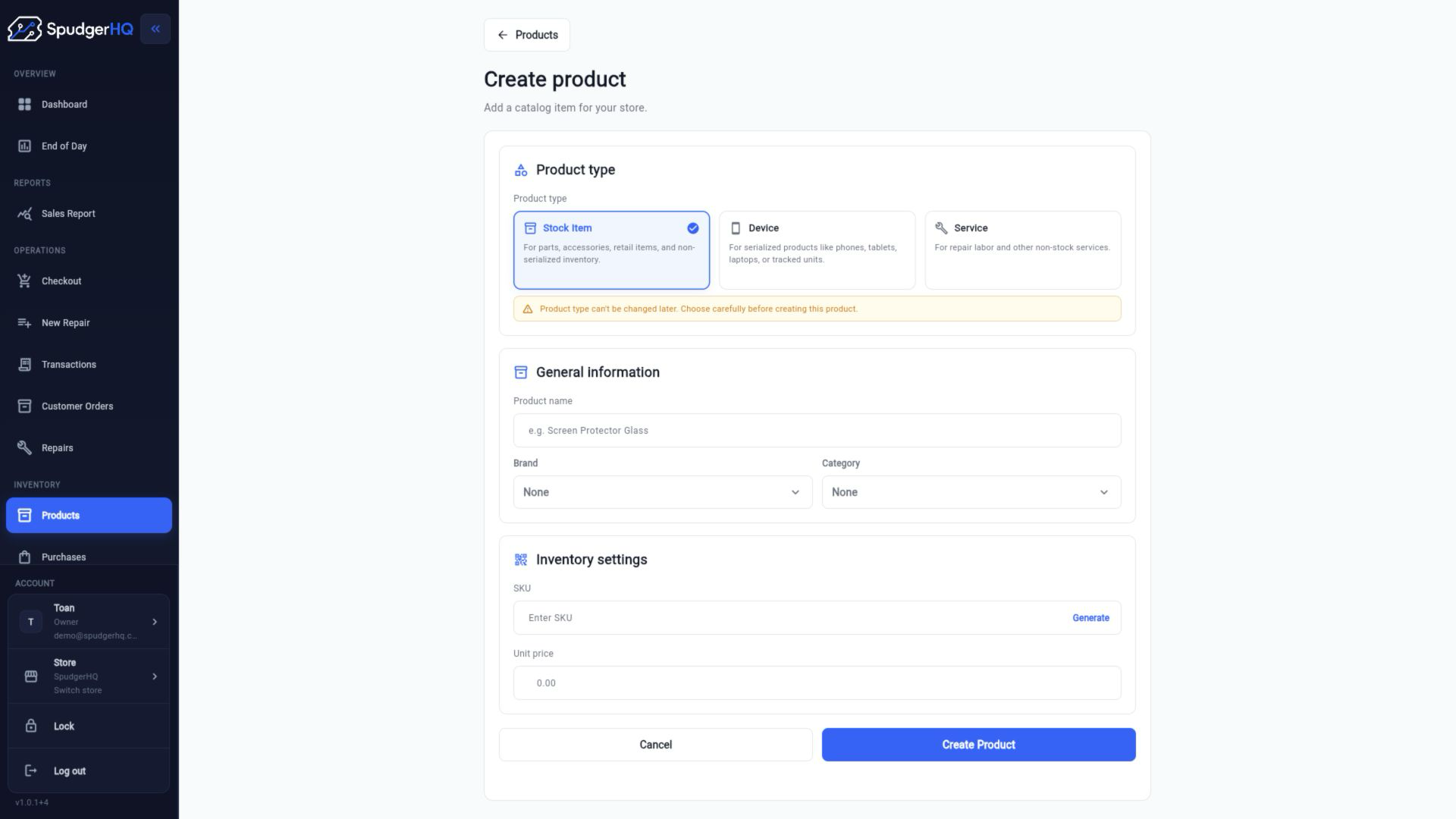 SpudgerHQ product creation form