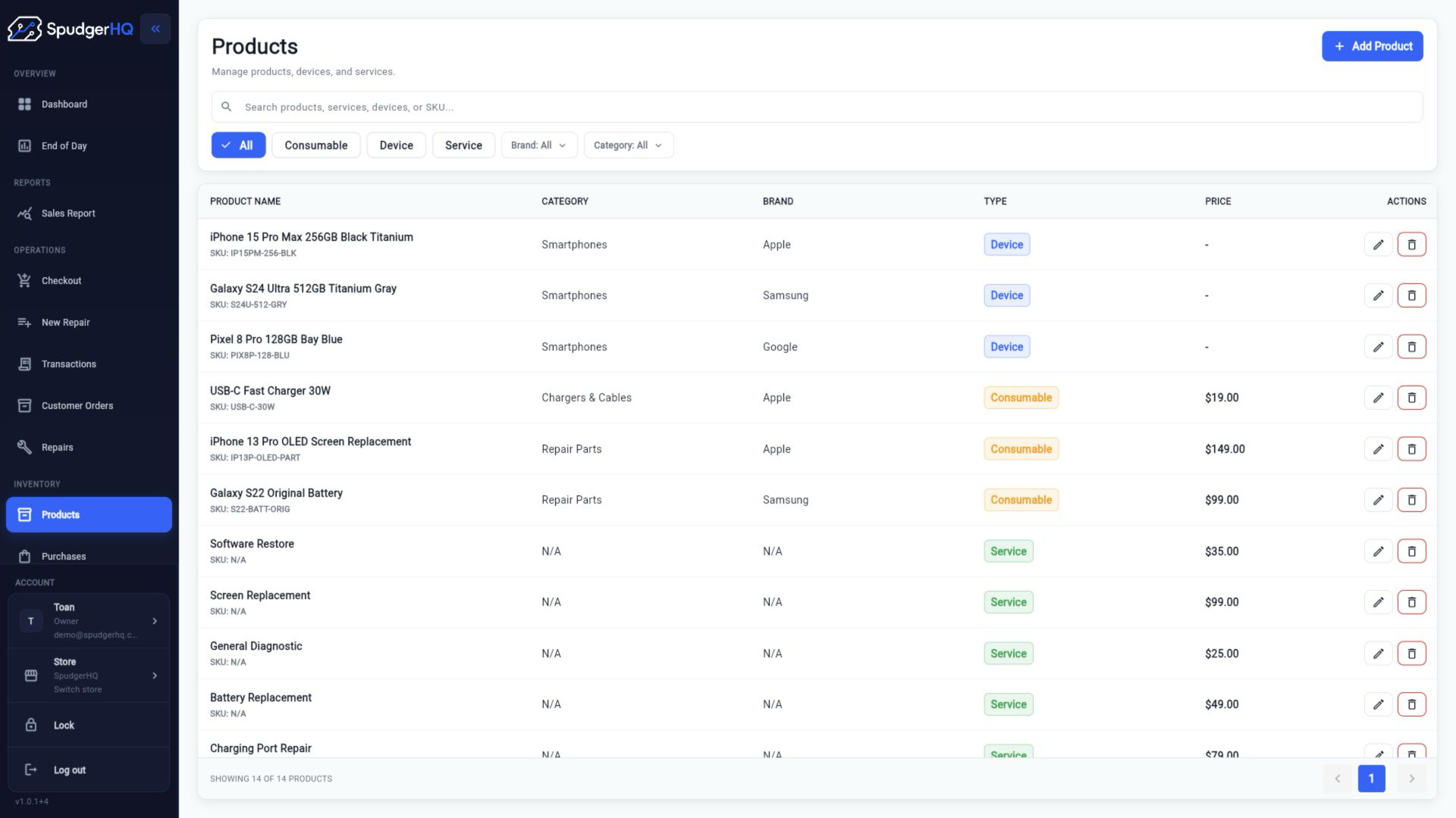 SpudgerHQ products inventory list