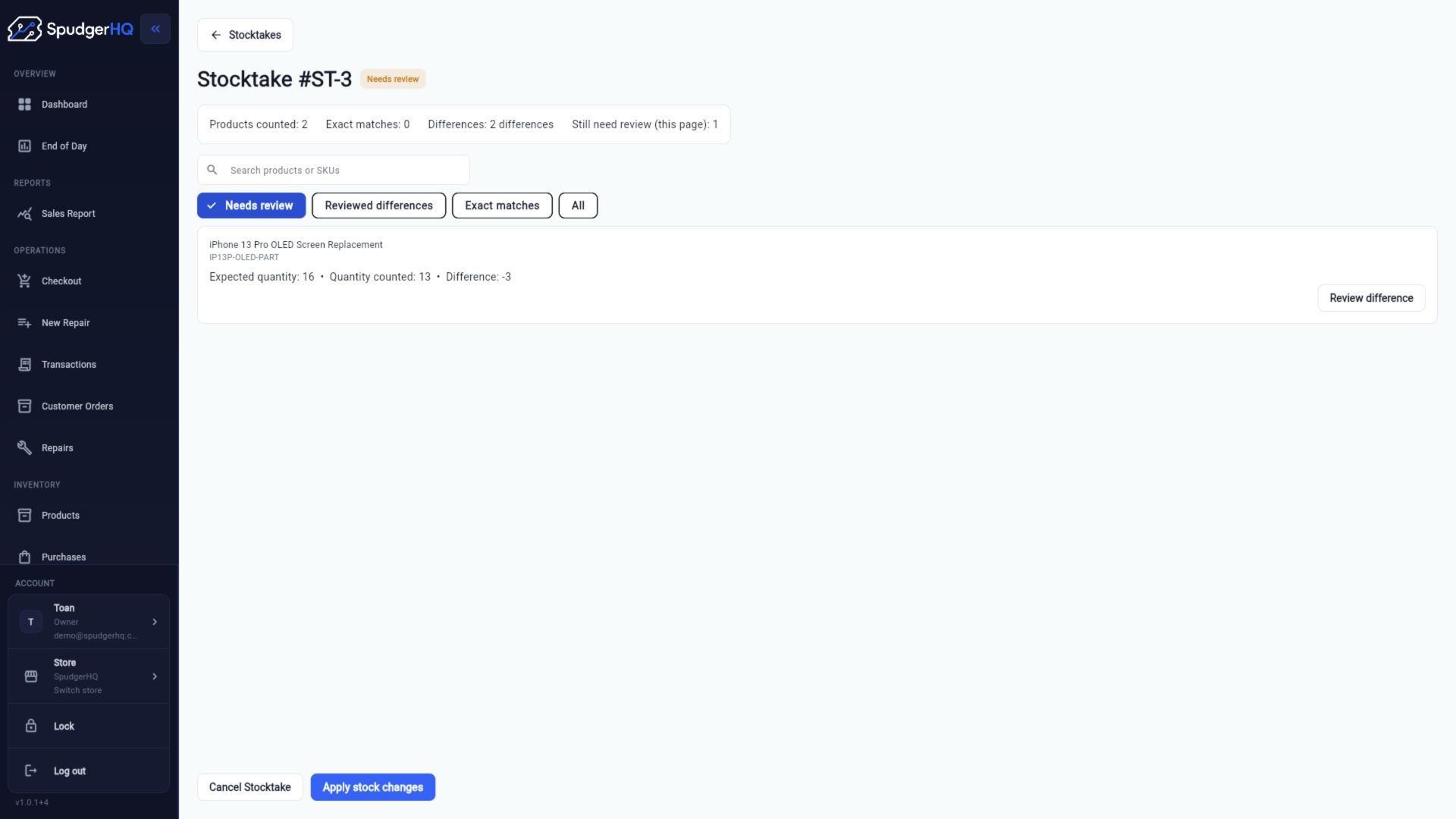 SpudgerHQ stocktake details and variance review