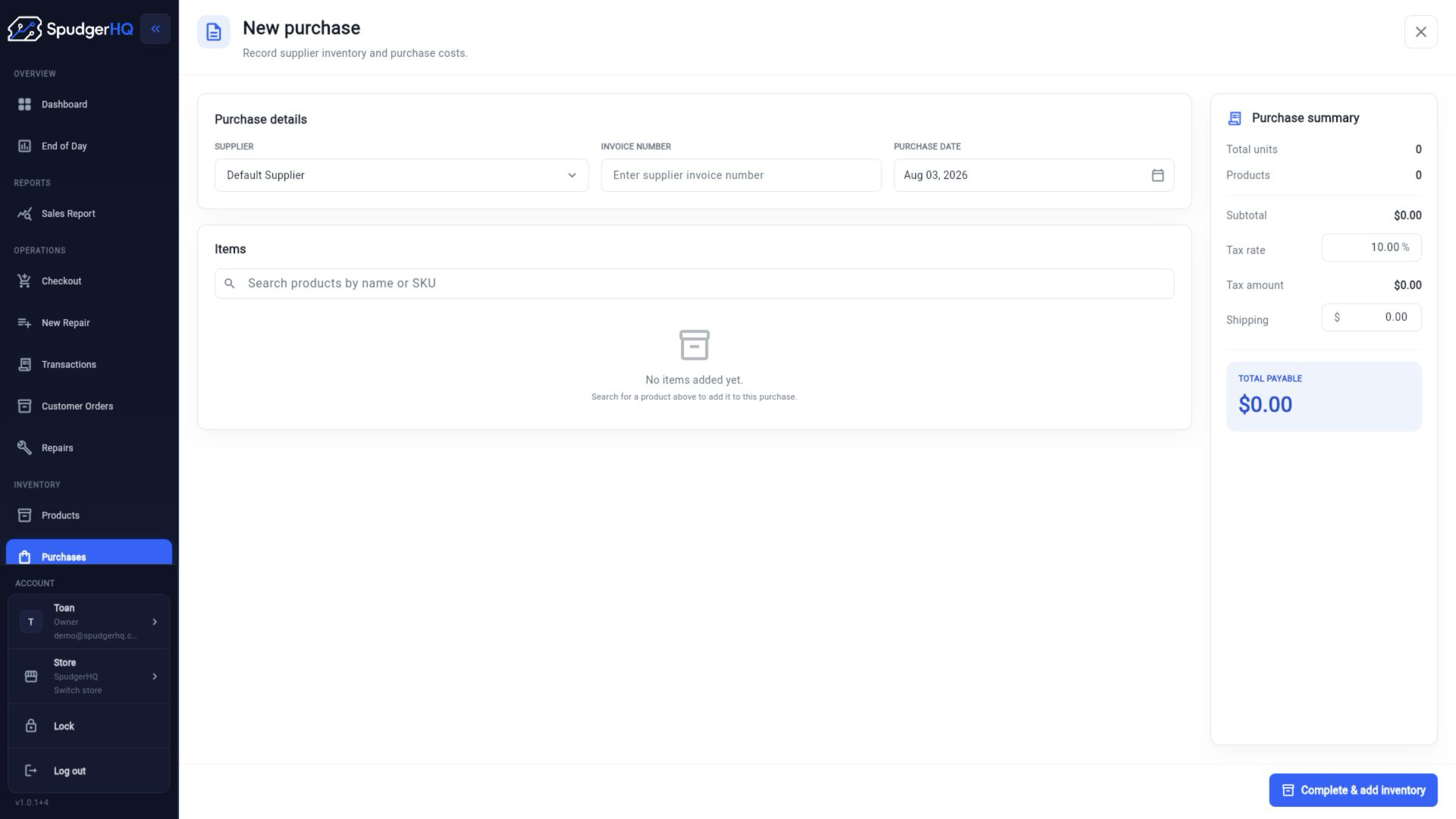 SpudgerHQ purchase creation form