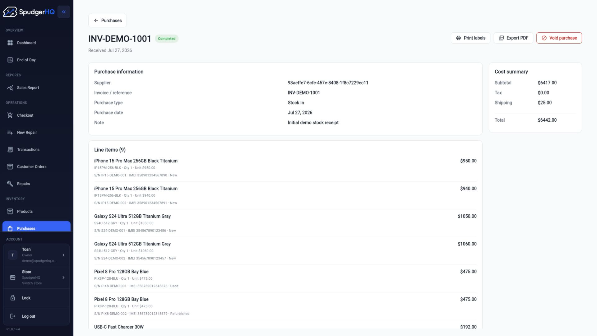 SpudgerHQ purchase detail screen showing supplier, purchase reference, stock-in type, line items, and cost summary