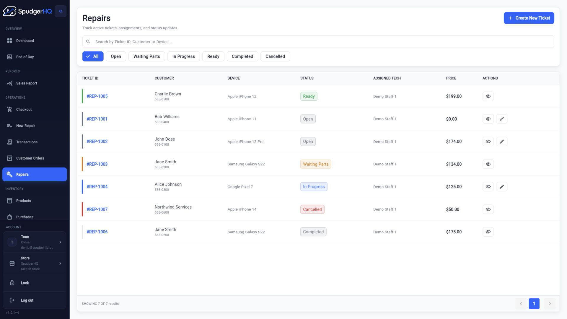 SpudgerHQ Repairs list with Waiting Parts filter and repair rows showing customer, device, status, assigned technician, and price