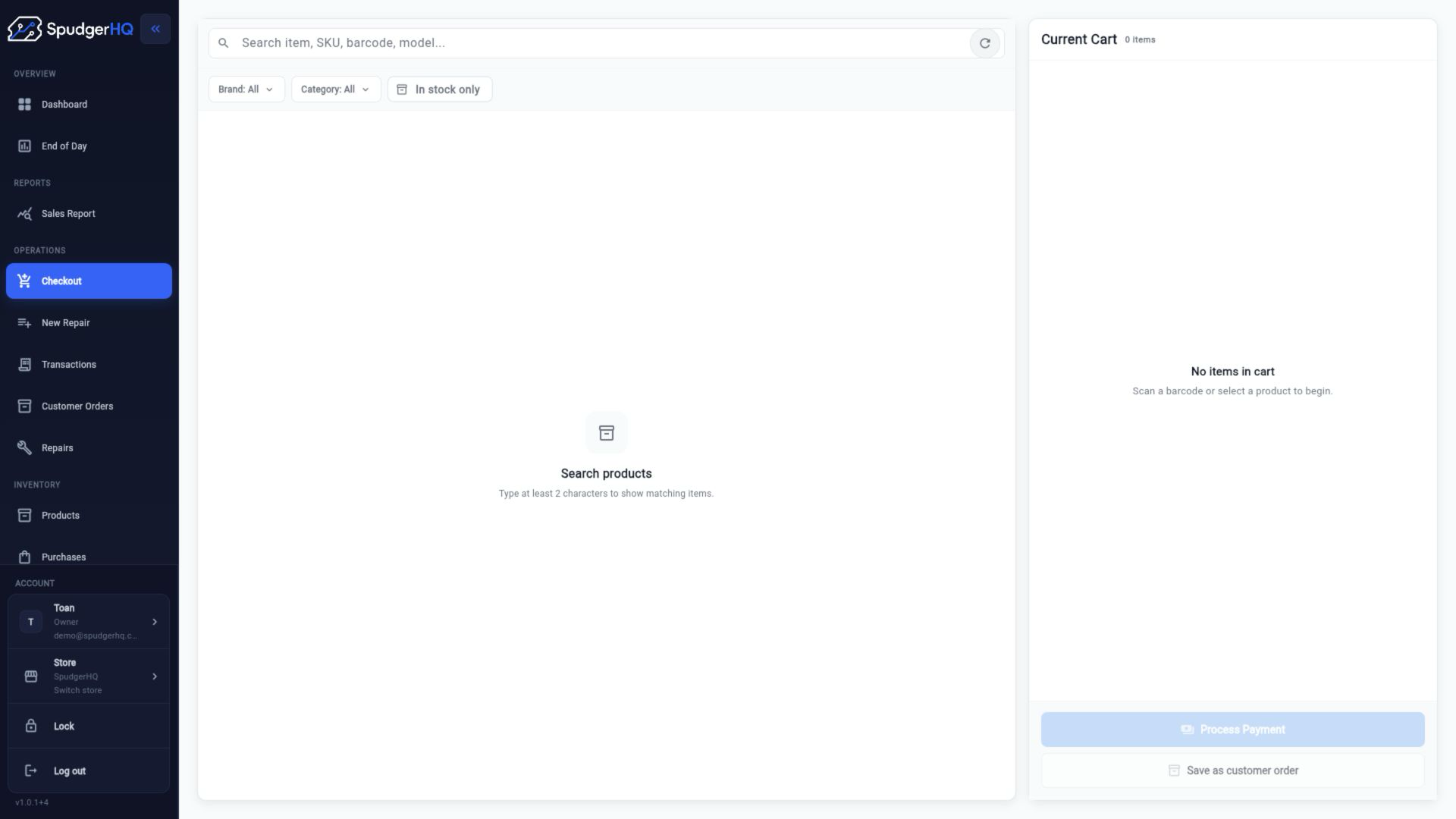 SpudgerHQ point-of-sale checkout screen