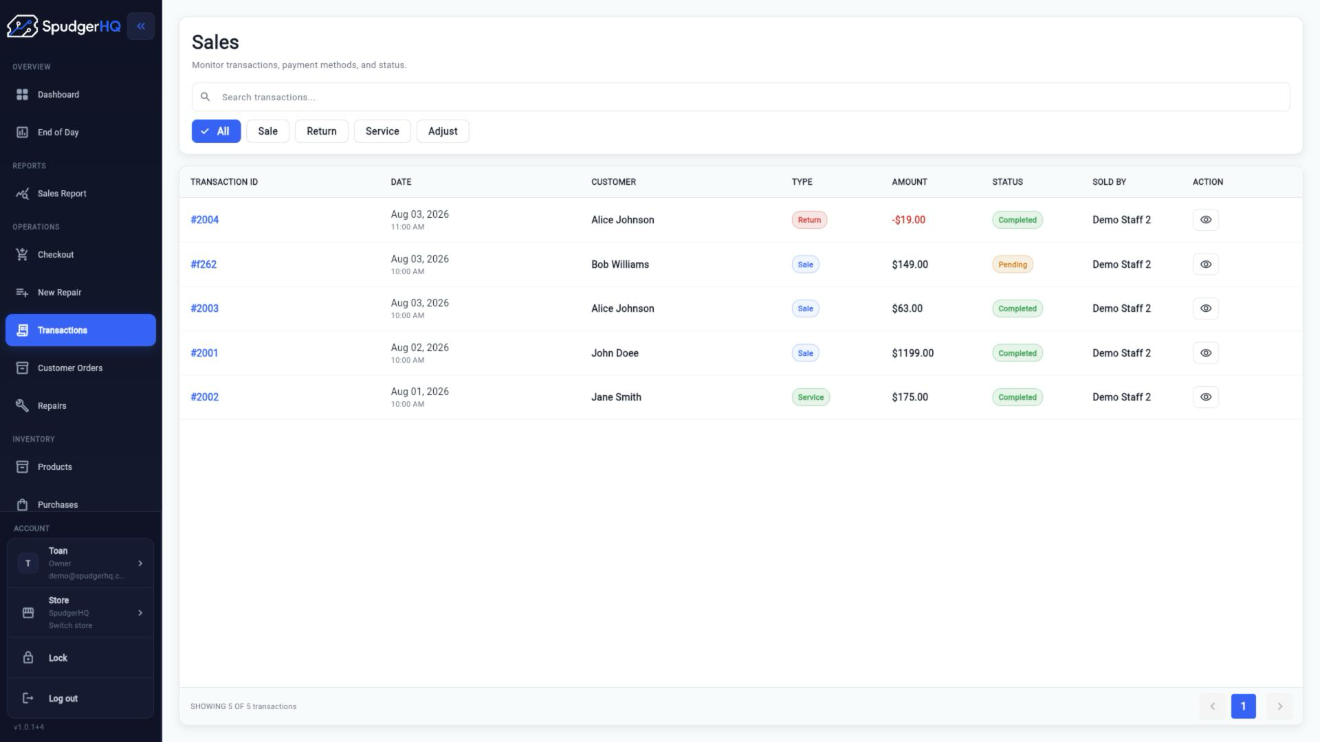 SpudgerHQ transactions list