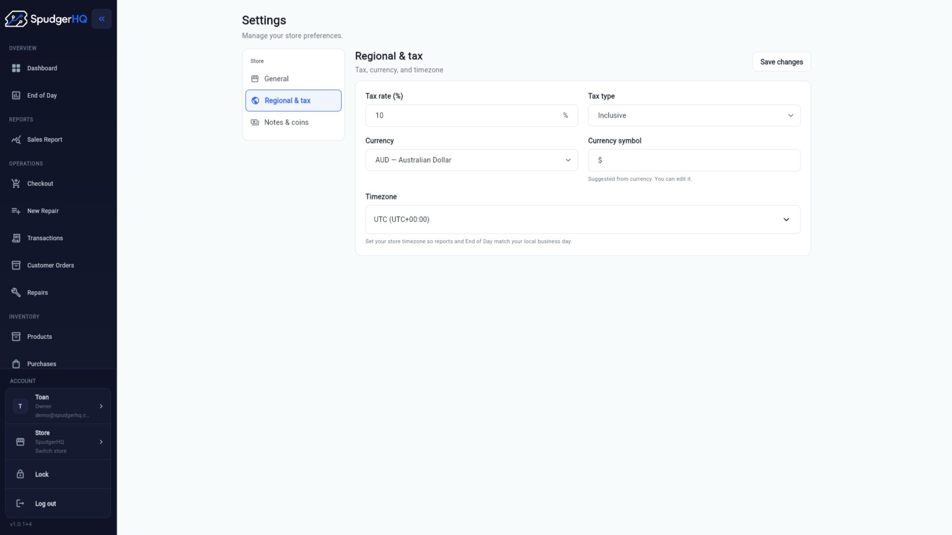SpudgerHQ regional and tax settings