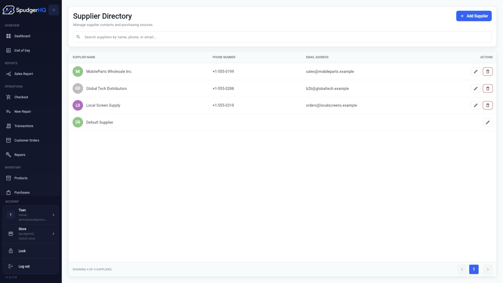 SpudgerHQ Supplier Directory listing supplier names, phone numbers, email addresses, and edit actions