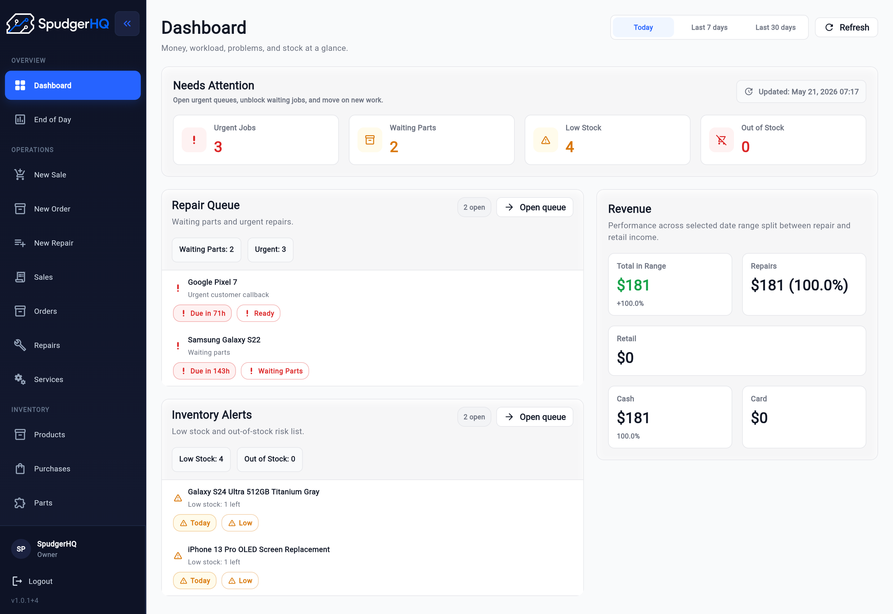 SpudgerHQ desktop dashboard showing repair shop activity and daily operations