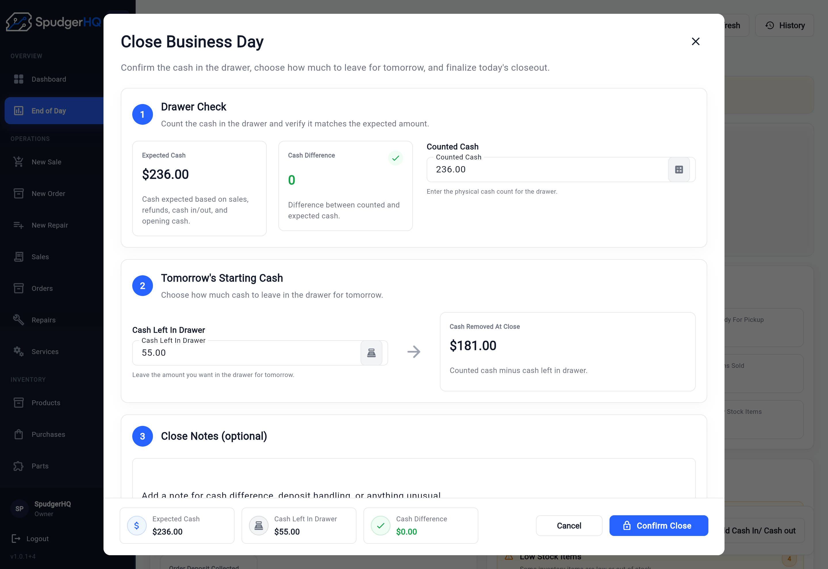 SpudgerHQ Close Business Day dialog showing expected cash, cash difference, counted cash, cash left in drawer, cash removed at close, close notes, and Confirm Close.