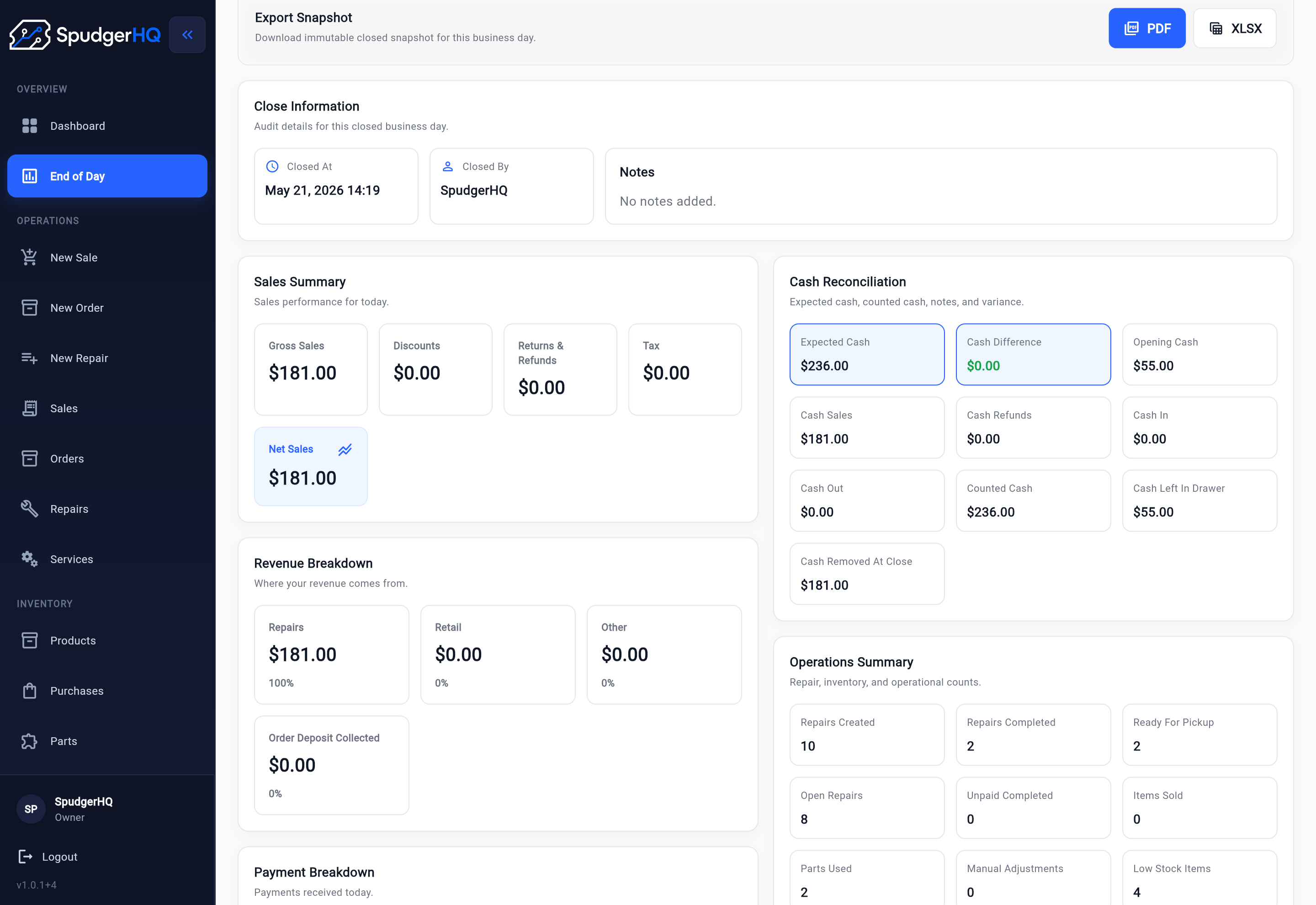 SpudgerHQ end-of-day details screen showing export actions, close information, sales summary, cash reconciliation, revenue breakdown, and operations summary.