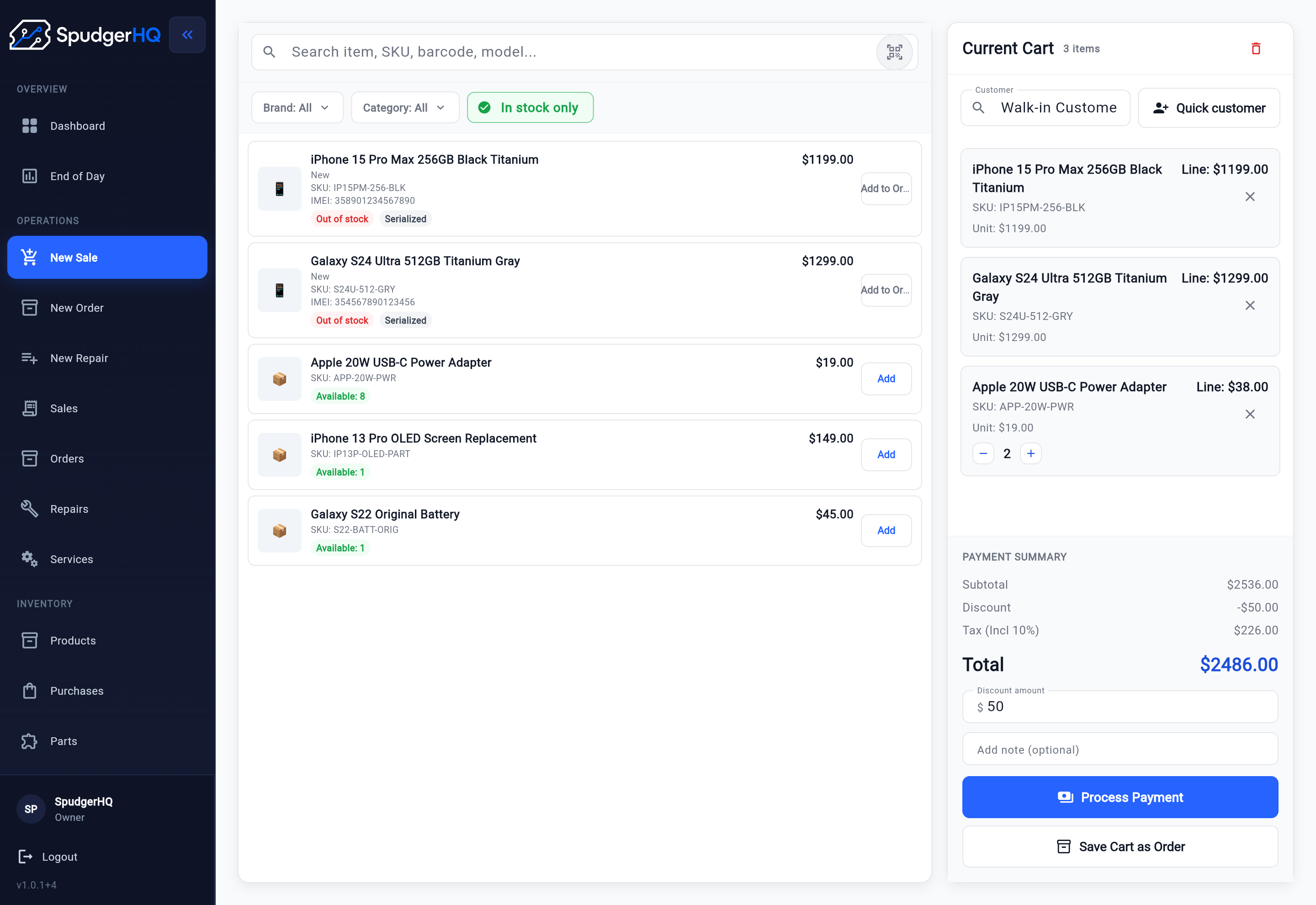 SpudgerHQ point-of-sale checkout with products, cart, and payment controls.