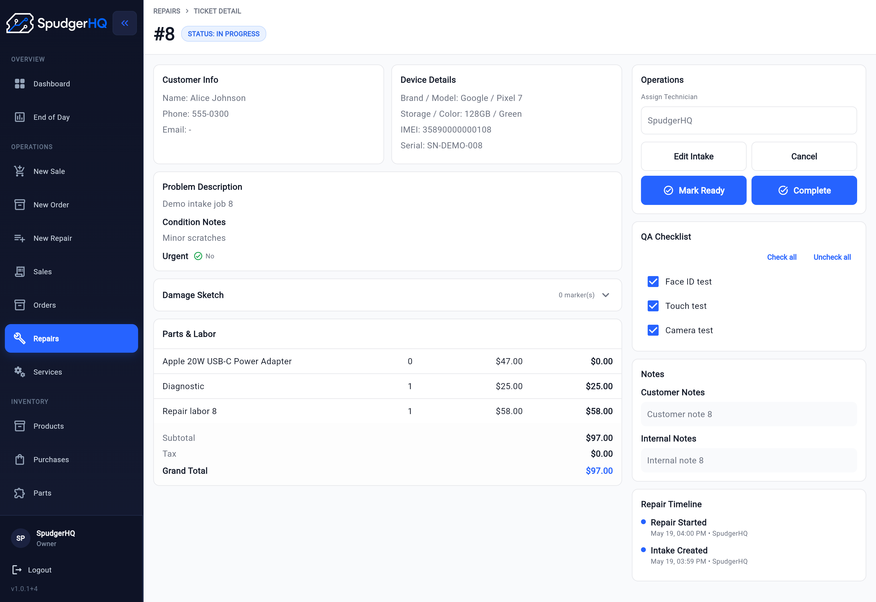 Repair ticket showing in-progress status and repair details in SpudgerHQ.