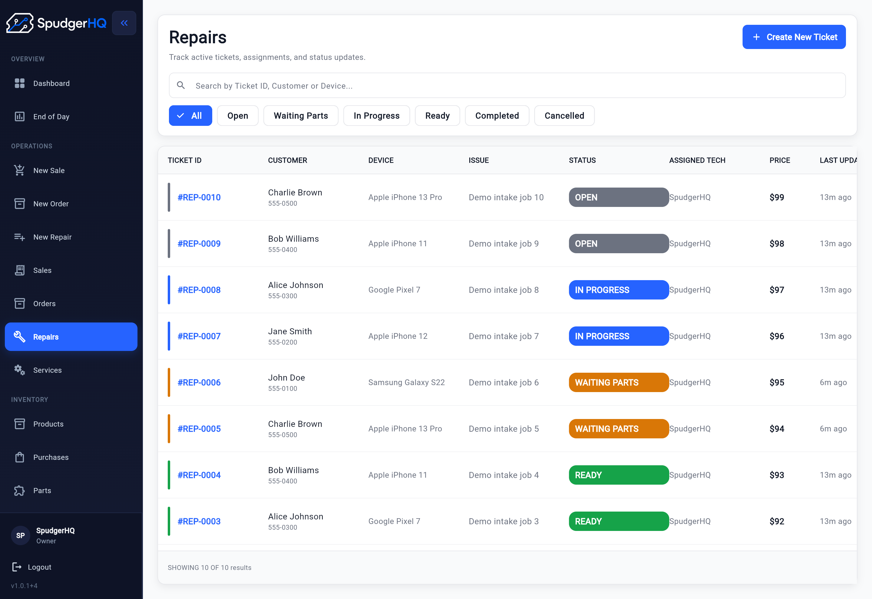 SpudgerHQ repair list showing repair tickets and status
